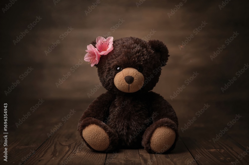 Obraz premium Pink azalea blossoms decorating a plush dark brown bear on a wooden surface