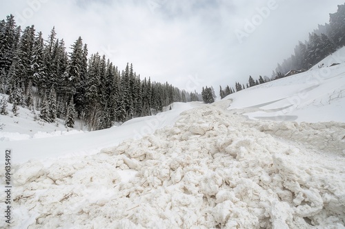 Snow avalanche debris flow extent in a mountainous region