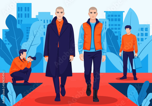 Vector art of fashion show with models walking on a runway in stylish outfits, surrounded by city buildings and onlookers