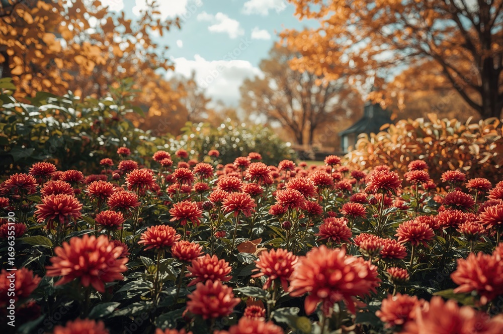 Naklejka premium The garden welcomes the fall season with a blanket of chrysanthemum blooms. Vibrant red flower petals showcasing nature's beauty.
