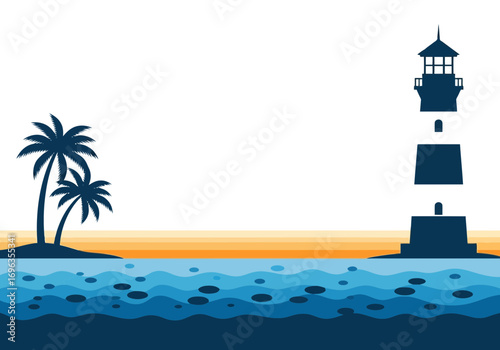 Vector art of silhouette of a lighthouse and palm trees on a tropical island with wavy ocean water and a colorful horizon line