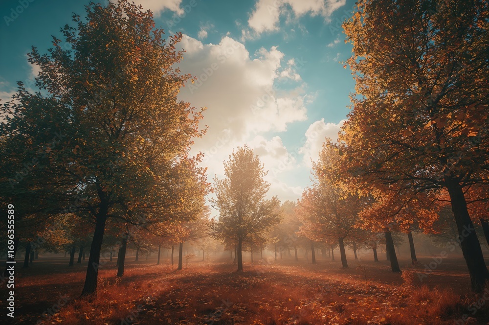 Fototapeta premium Enchanted woodland at sunrise in fall