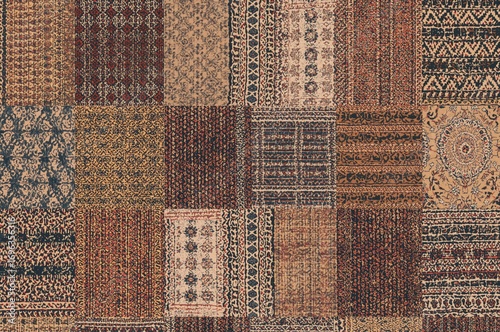 Continuous patchwork design with embroidered textures for fabric, wall coverings, and gift wraps featuring ethnic and tribal patterns. Handmade 2D artwork.