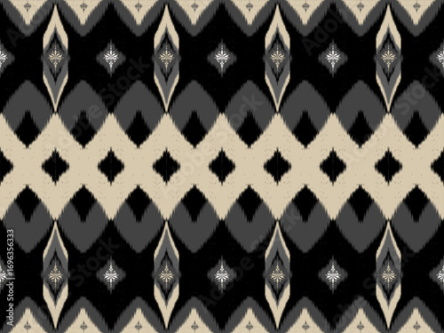 Black and Beige Ikat Geometric Ornament Luxury Pattern by Hand Drawing for Textile Design