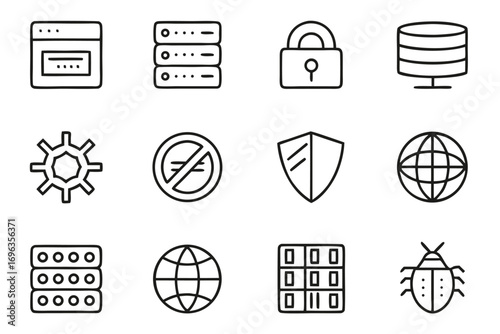 Set of 12 Technology and Security Icons in Outline Style computer server