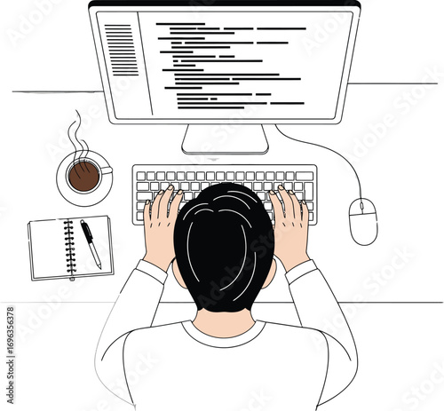 Programmer Coding, Software Developer at Work, Coding Workspace, Top View Coder, Web Developer Desk Setup