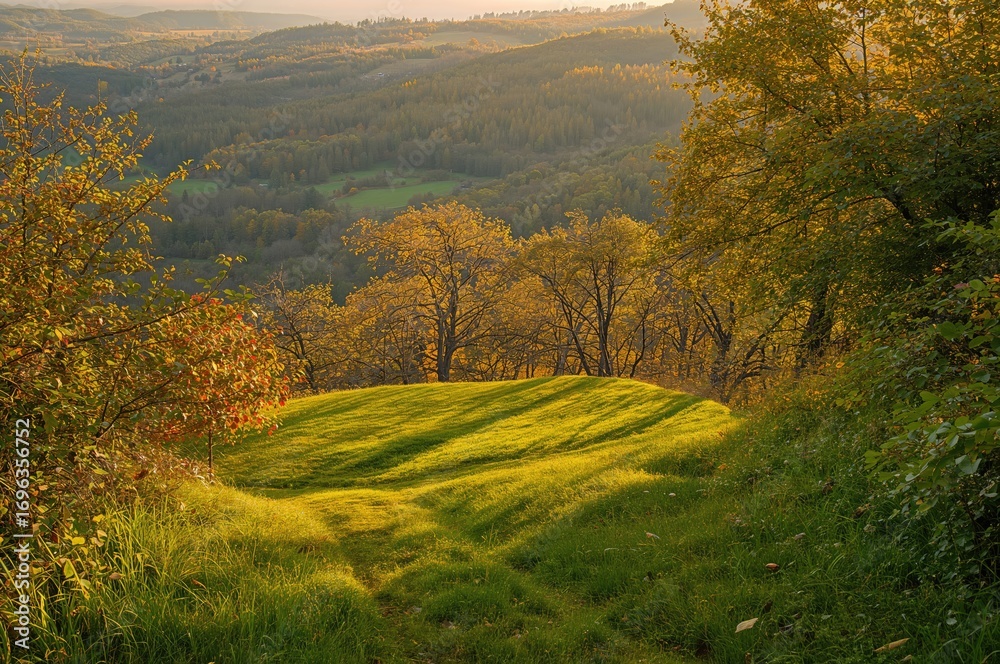 Obraz premium Sunlit trail through a fall woodland