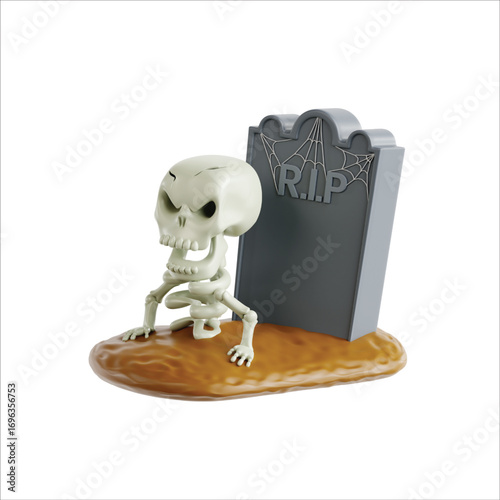 A miniature skeletal figure crouches beside a small grey tombstone, Halloween decoration.