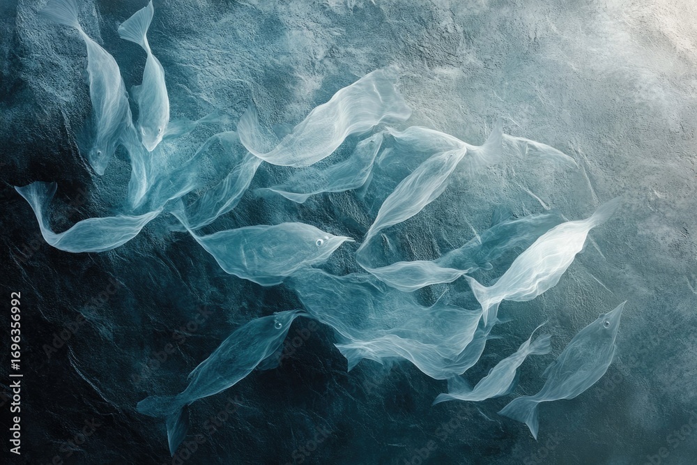 Obraz premium Ghostly translucent fish forms swim in a dark teal ocean, creating an ethereal underwater scene.