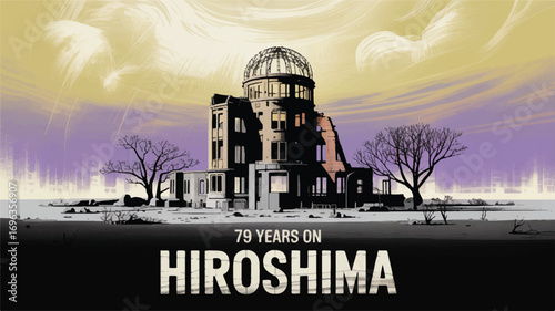 Digital illustration of the Hiroshima Peace Memorial, commemorating seventy-nine years of reflection and the enduring hope for global peace