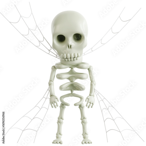 A cute, cartoon skeleton with spiderweb wings.