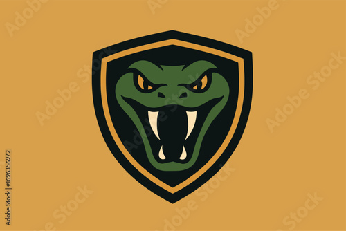 Vibrant snake head emblem within a shield design representing strength and power.