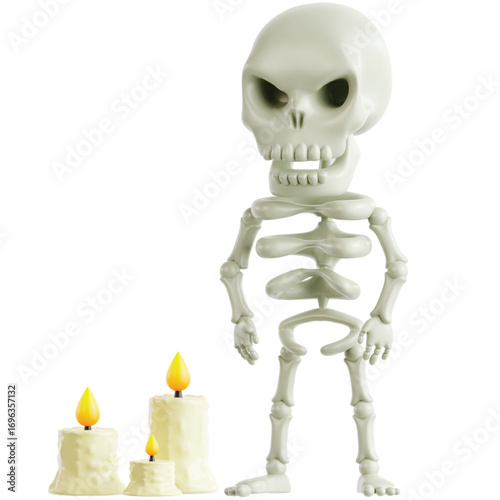 A cartoon skeleton figure stands beside three lit candles against a white background.
