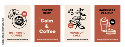 Hand drawn vintage coffee shop poster set. Cafe menu, packaging design. Whimsical sketch vector illustration.