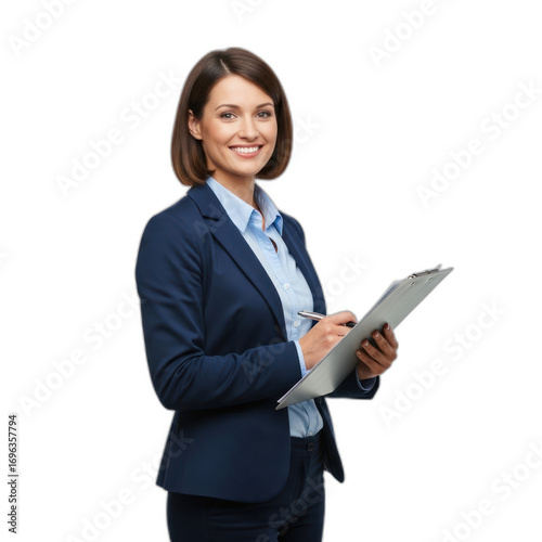 Smiling Businesswoman in Navy Suit with Clipboard and Pen, Professional Studio Portrait. PNG Transparent Background