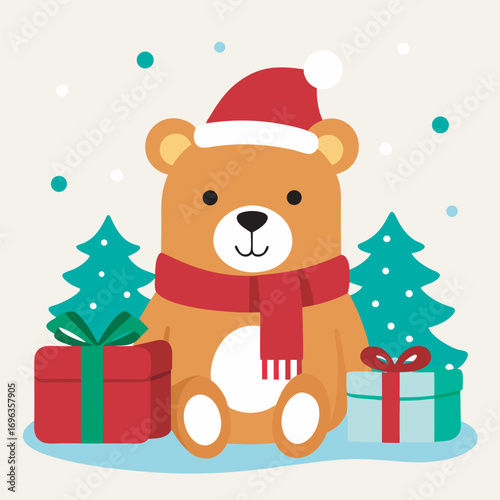 A delightful christmas illustration showcasing a teddy bear in a santa hat and scarf, nestled among christmas trees and presents, spreading holiday cheer