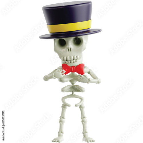 A dapper skeleton in a top hat and bow tie, politely gesturing.