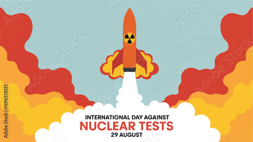 Global advocacy for an end to atomic weapon trials, depicted by a stylized rocket with a disarmament message