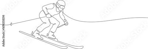 Continuous line drawing of an alpine skier racing downhill, perfect for winter sports visuals, Olympic events, or Milan 2026 themes