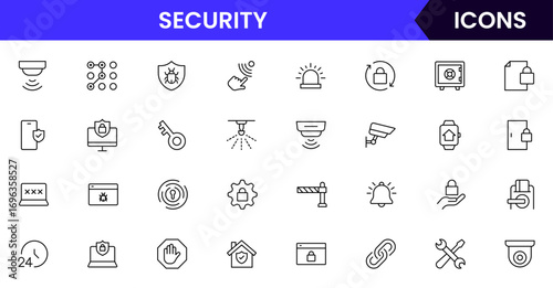 Vector line icons of locks, shields, passwords, surveillance, cybersecurity, encryption, antivirus, biometrics, and data protection perfect for apps, websites, and tech platforms.