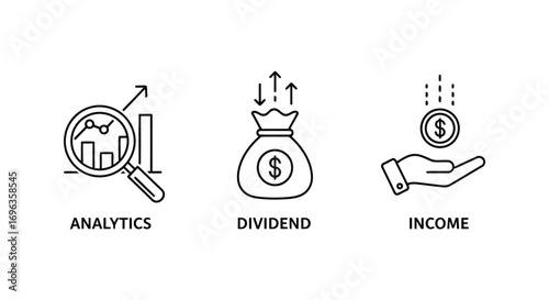 Vector illustration of line icons of analytics with magnifying glass, dividend bag with arrows, and income with hand and coin