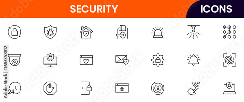 Vector line icons of locks, shields, passwords, surveillance, cybersecurity, encryption, antivirus, biometrics, and data protection perfect for apps, websites, and tech platforms.