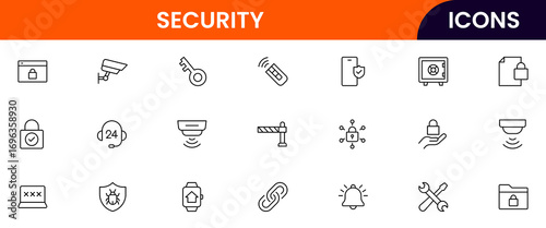 Vector line icons of locks, shields, passwords, surveillance, cybersecurity, encryption, antivirus, biometrics, and data protection perfect for apps, websites, and tech platforms.