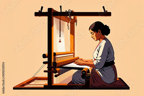 Vector Illustration of Artisan Weaving Fabric on Handloom in Flat Traditional Craft Style