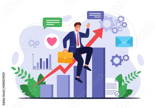 Vector art of businessman riding a rising graph arrow with business icons, symbolizing growth and success in a modern office environment