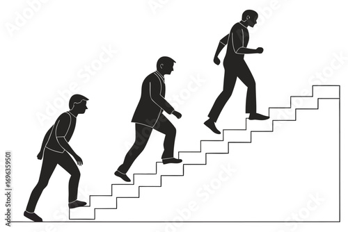 Three silhouettes of men climbing stairs isolated on white background