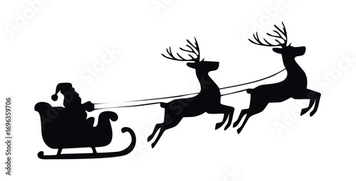 Santa Claus is flying in sleigh with Christmas reindeer. Silhouette of Santa Claus, sleigh with Christmas presents and reindeer

