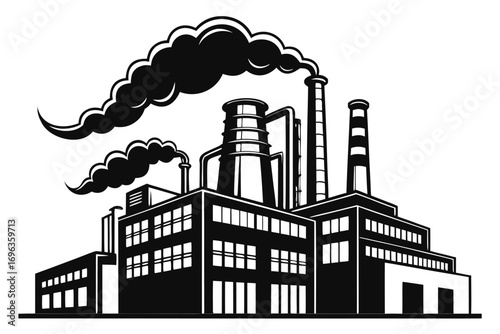 Industrial factory with smoke stacks emitting pollution isolated on white background