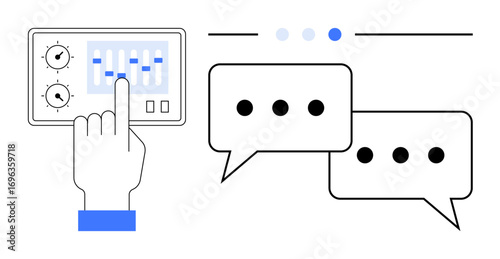 Hand interacting with control knobs and sliders, two speech bubbles symbolizing communication. Ideal for technology, user interaction, communication, teamwork, customer feedback, control systems