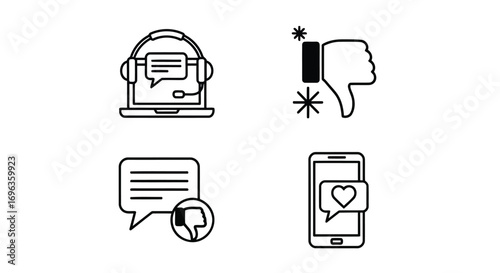 Vector illustration of set of four negative feedback and communication icons headset on laptop, thumbs down, chat bubble with thumbs down, and smartphone with heart message