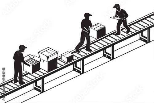 Workers on a conveyor belt with boxes isolated on white background