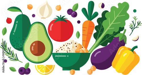 Vibrant assortment of fresh, healthy vegetables and grains arranged artfully for a nutritious meal.