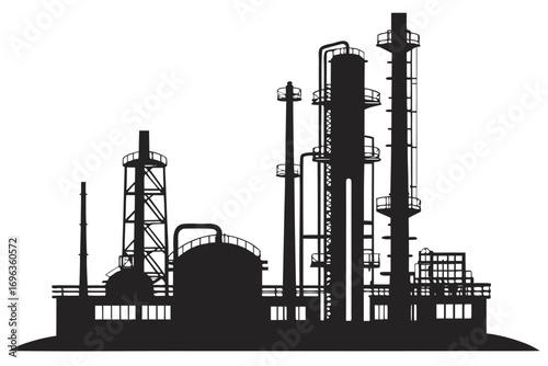 Silhouette of an industrial refinery complex isolated on white background