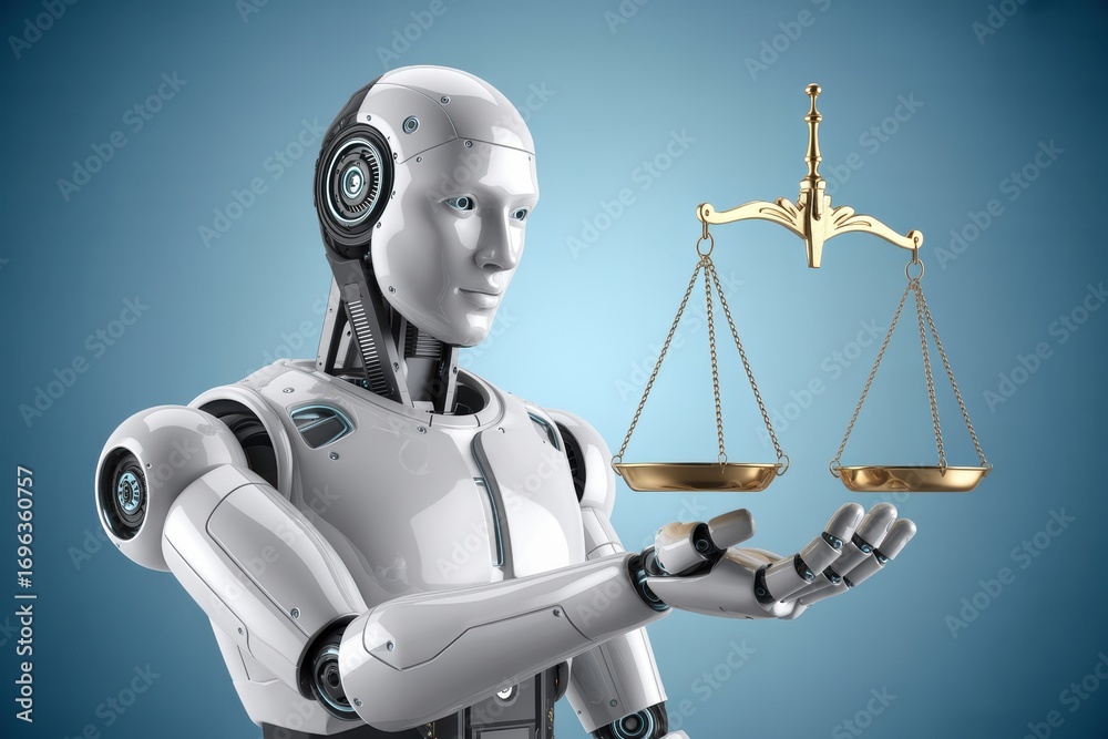 Naklejka premium Advanced AI robot thoughtfully balances justice scales symbolizing fairness and ethical technology innovation