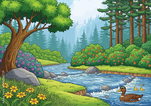 Vector art of a serene forest landscape with a clear river flowing through, surrounded by lush greenery, trees, and a family of ducks swimming peacefully