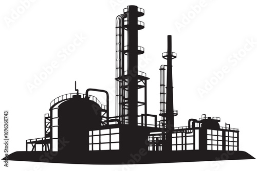 Silhouette of an industrial refinery complex isolated on white background