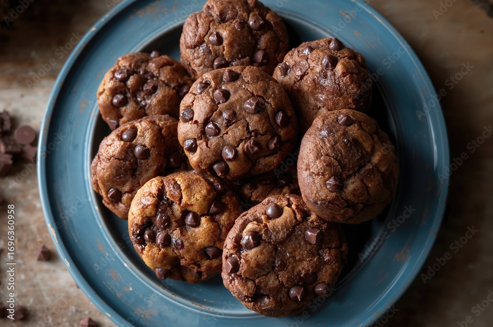 Obraz premium Top-down view of cocoa cookies served on a blue wooden platter