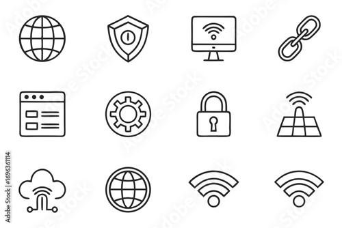 Twelve outline icons depicting technology, security, and network symbols Keywords: technology, security