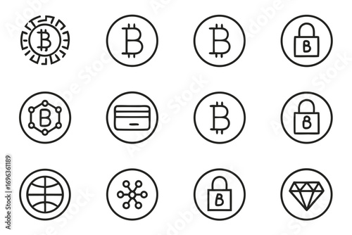Twelve outline icons for cryptocurrency, security, and finance on white bitcoin lock