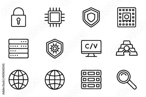 Twelve outline icons for technology, security, and data processing Keywords: technology, security, data