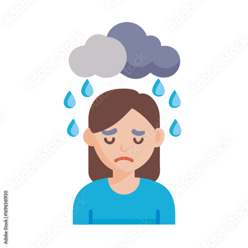 Vector art of sad woman with rain clouds is feeling down