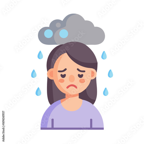 Vector art of sad woman with rain cloud is feeling unwell