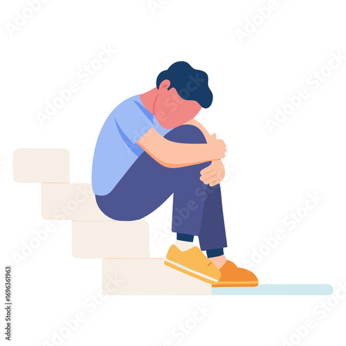 Vector art of sad man sitting on stairs, feeling depressed