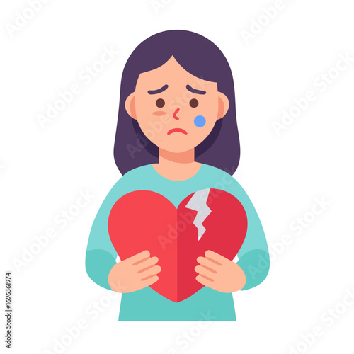 Vector art of sad woman holding a broken heart
