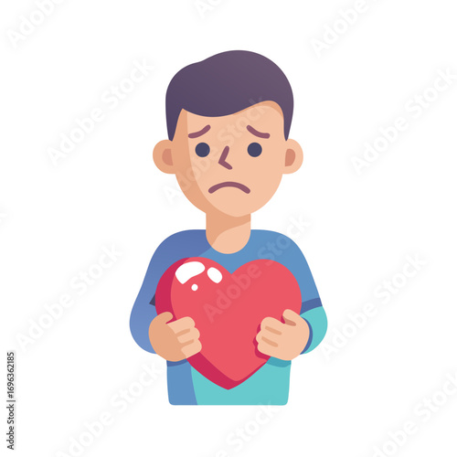 Vector art of sad man holding a heart vector illustration