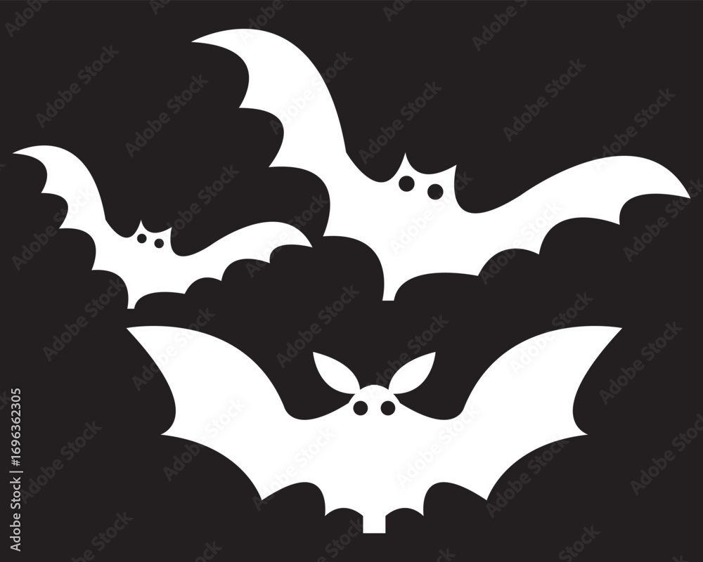 Naklejka premium Halloween bats and spiders silhouette illustration. Black silhouette illustration of spooky bats and spiders, perfect for Halloween decorations, party invitations, and seasonal graphic designs.